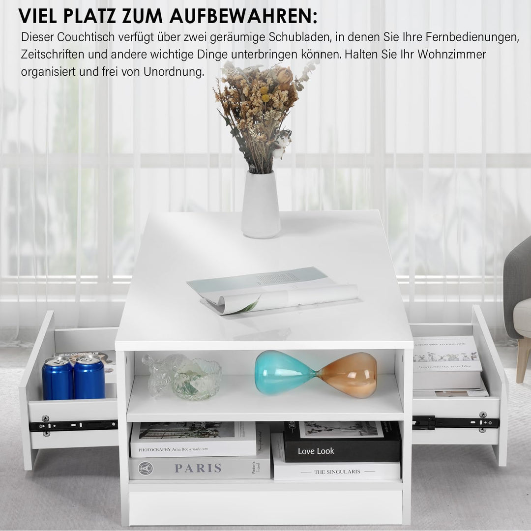 Couchtisch mit LED-Beleuchtung, Modern Sofatisch Wohnzimmertisch mit 2 Schublade, 100x55x37cm Weiss,