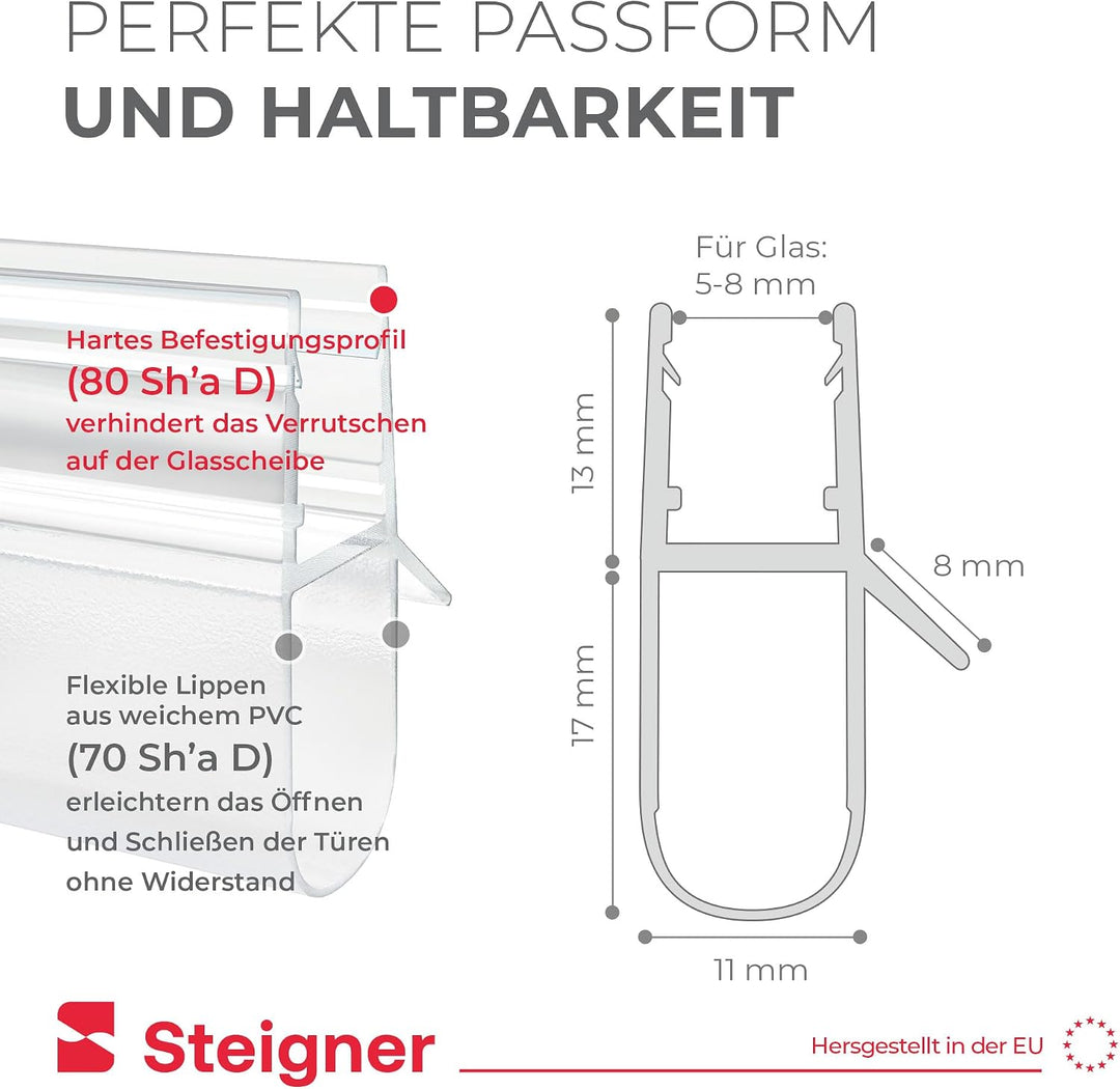 STEIGNER Duschdichtung, 120cm, Glasstärke 5/6/ 7/8 mm, Vorgebogene PVC Ersatzdichtung für Runddusche