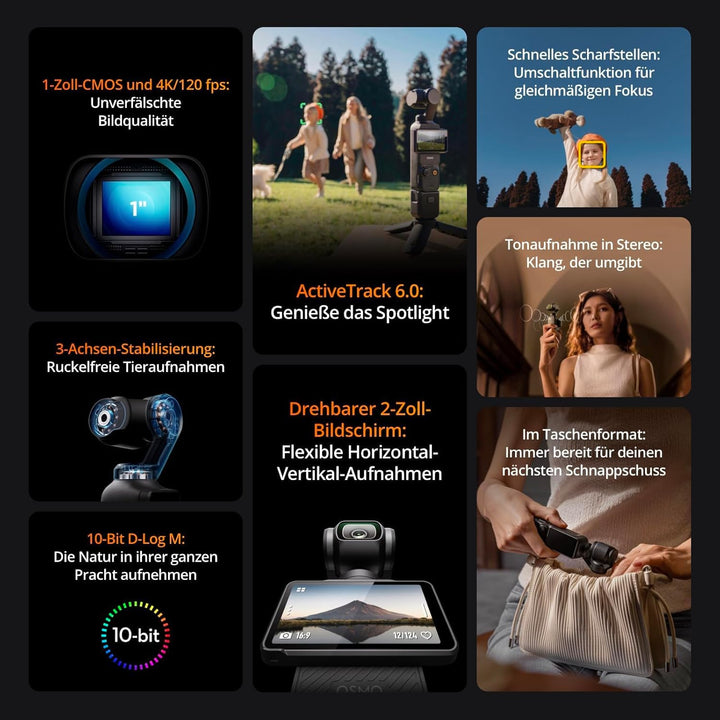 DJI Osmo Pocket 3 Kreativ Combo Bundle, vlog Kamera 4K mit 1-Zoll-CMOS und 4K/120 fps Video, 3-Achse