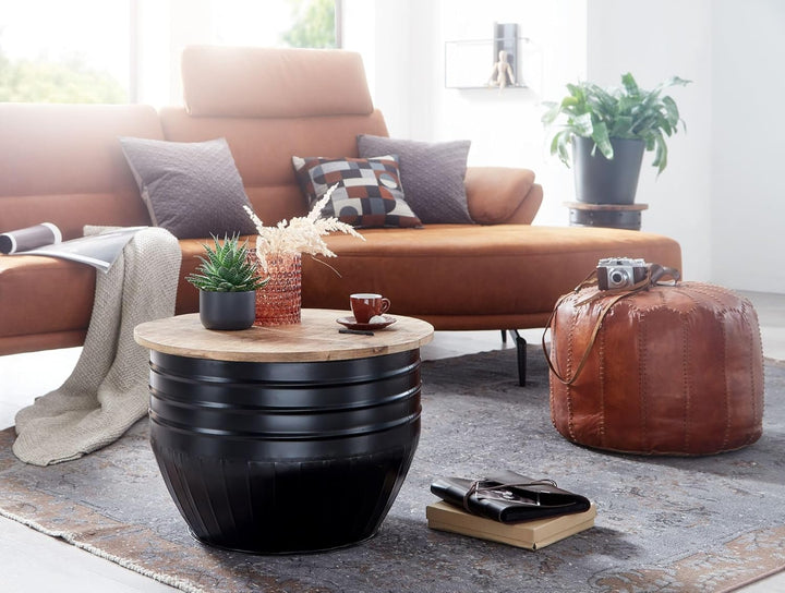 FineBuy Couchtisch Mango Massivholz Metall 60x41x60 cm Industrial Style Rund | Design Wohnzimmertisc