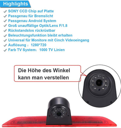 1280 x 720 Pixels 1000TV Lines Auto Top Mount Brake Bremsleuchte Kamera Bremslicht Rückfahrkamera Wa