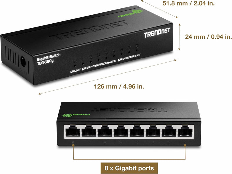 TRENDnet 8-Port Unverwalteter Gigabit GREENnet Desktop Metall Switch, Ethernet Splitter, Lüfterlos,