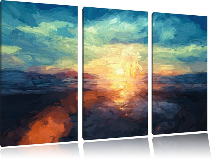 Pixxprint Yoga Silhouette am Strand als Leinwandbild/Grösse: 3 Teilig (120x80) / Wandbild/Kunstdruck