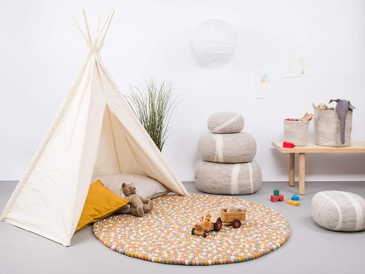myfelt Liese Filzkugelteppich — Ø 70 cm, ideal für Schlaf-, Wohn-, Kinderzimmer, Flur & Bad, Gelb/Bl