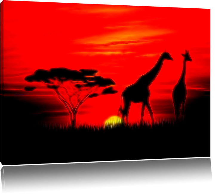 Pixxprint Giraffen im Sonnenuntergang als Leinwandbild/Grösse: 100x70 cm/Wandbild/Kunstdruck/fertig