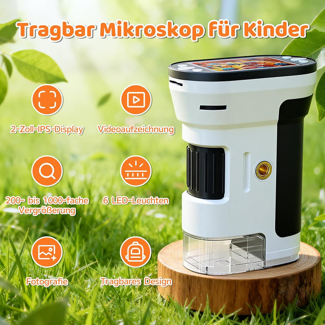 Digitales Mikroskop für Kinder mit 8GB Speicherkarte, 1000X Kinder Mikroskop mit 1080P HD 2,0" IPS‑B
