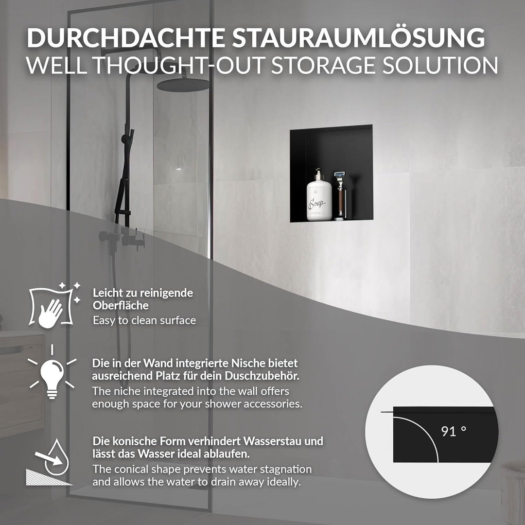 LuxeBath Wandnische aus Edelstahl, 30x30x10 cm, Schwarz, Duschnische, Randlos, Einbauregal, Flexible