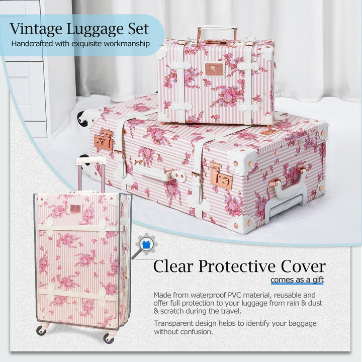 Unitravel Vintage Koffer Set 2 Teilig, Retro PU-Leder Handgepäck Koffer mit Kosmetikkoffer, Rosa Flo