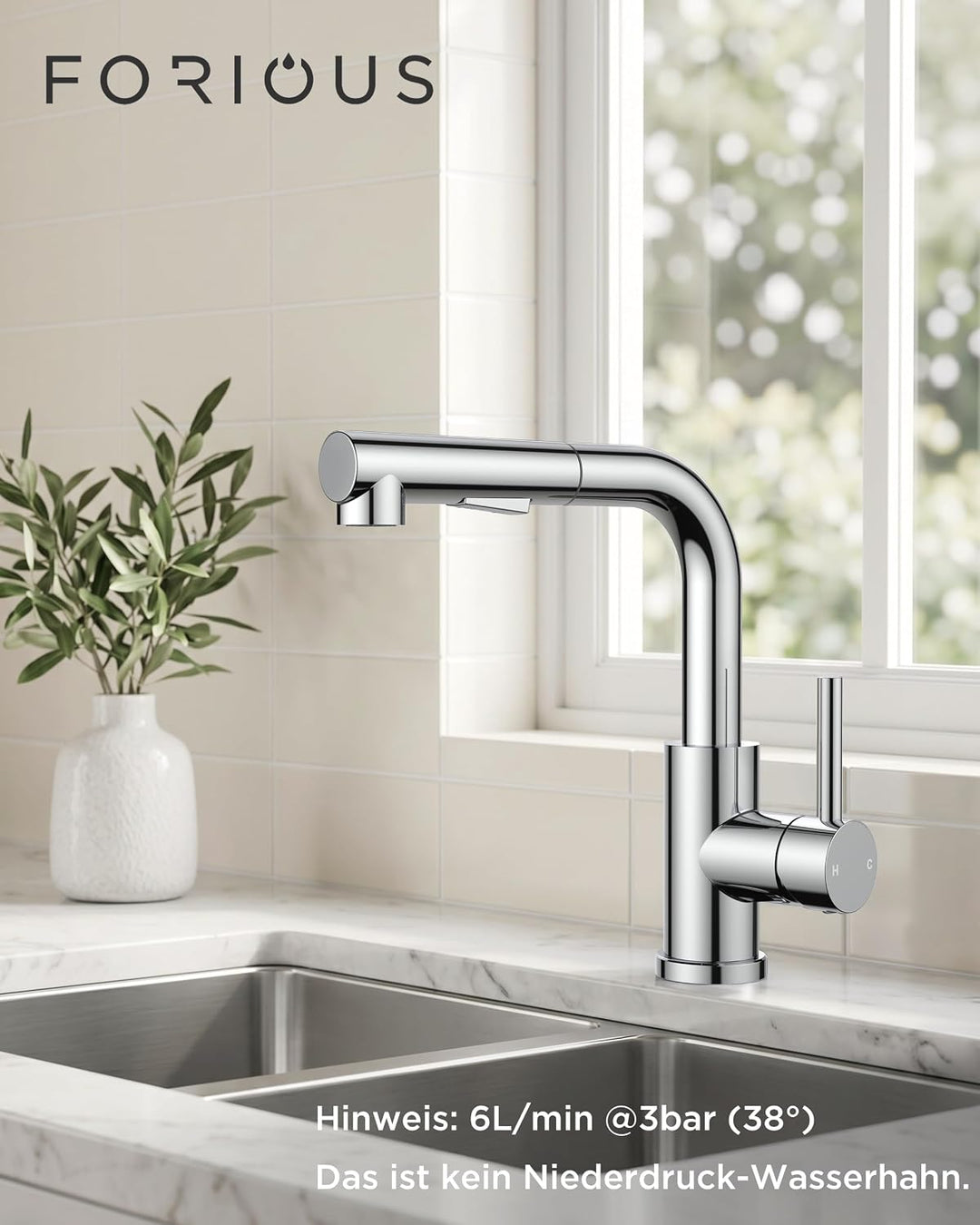 FORIOUS Wasserhahn Küche, Küchenarmatur Ausziehbar mit Brause, Spültischarmatur Küche, L-Förmiger Ed