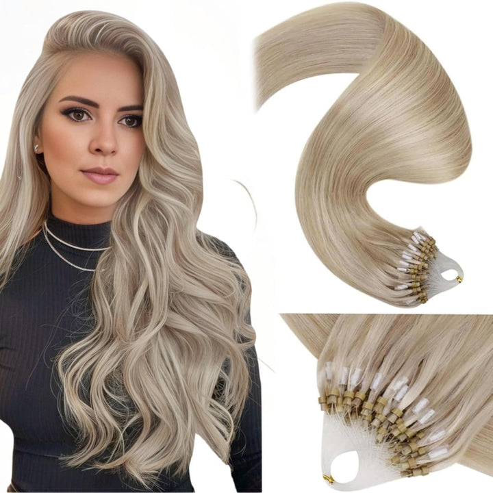 LaaVoo Micro Loop Extensions Echthaar Microring Extensions 55cm Aschblond mit Blond Strähnchen Micro