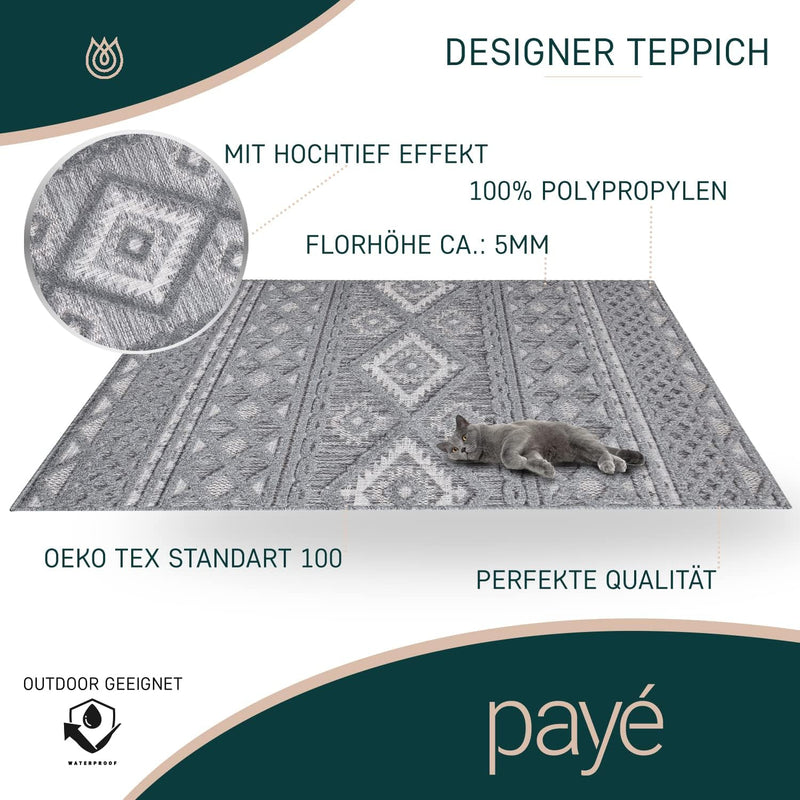 payé Teppich Läufer - Anthrazit Raute Ornamente - 60x110cm - Boho Deko Teppiche für Balkon Terrasse