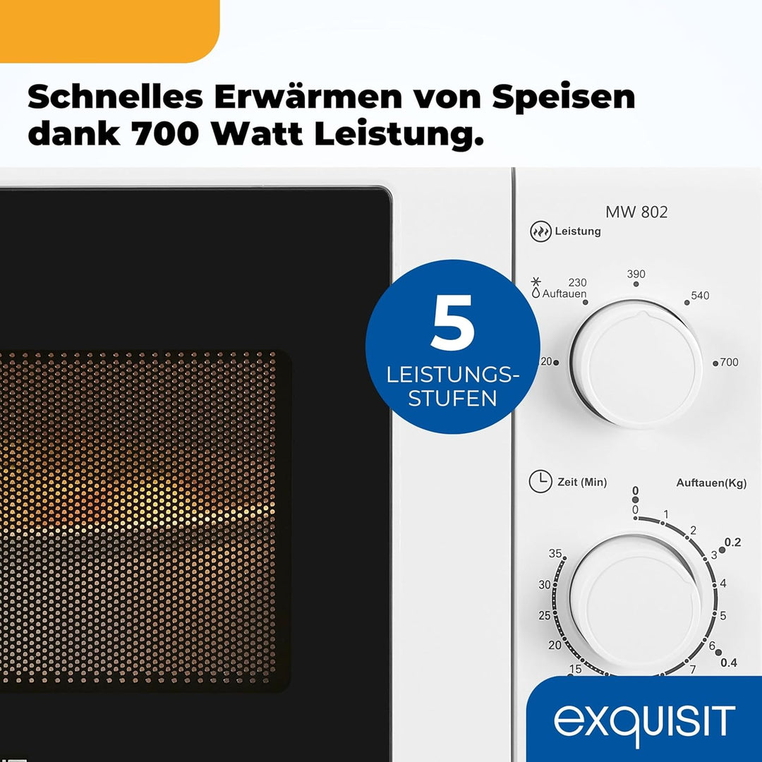 Exquisit Mikrowelle MW 802 | 700 W Leistung | 20 L Garraum | kompakte Mikrowelle mit Edelstahl Innen