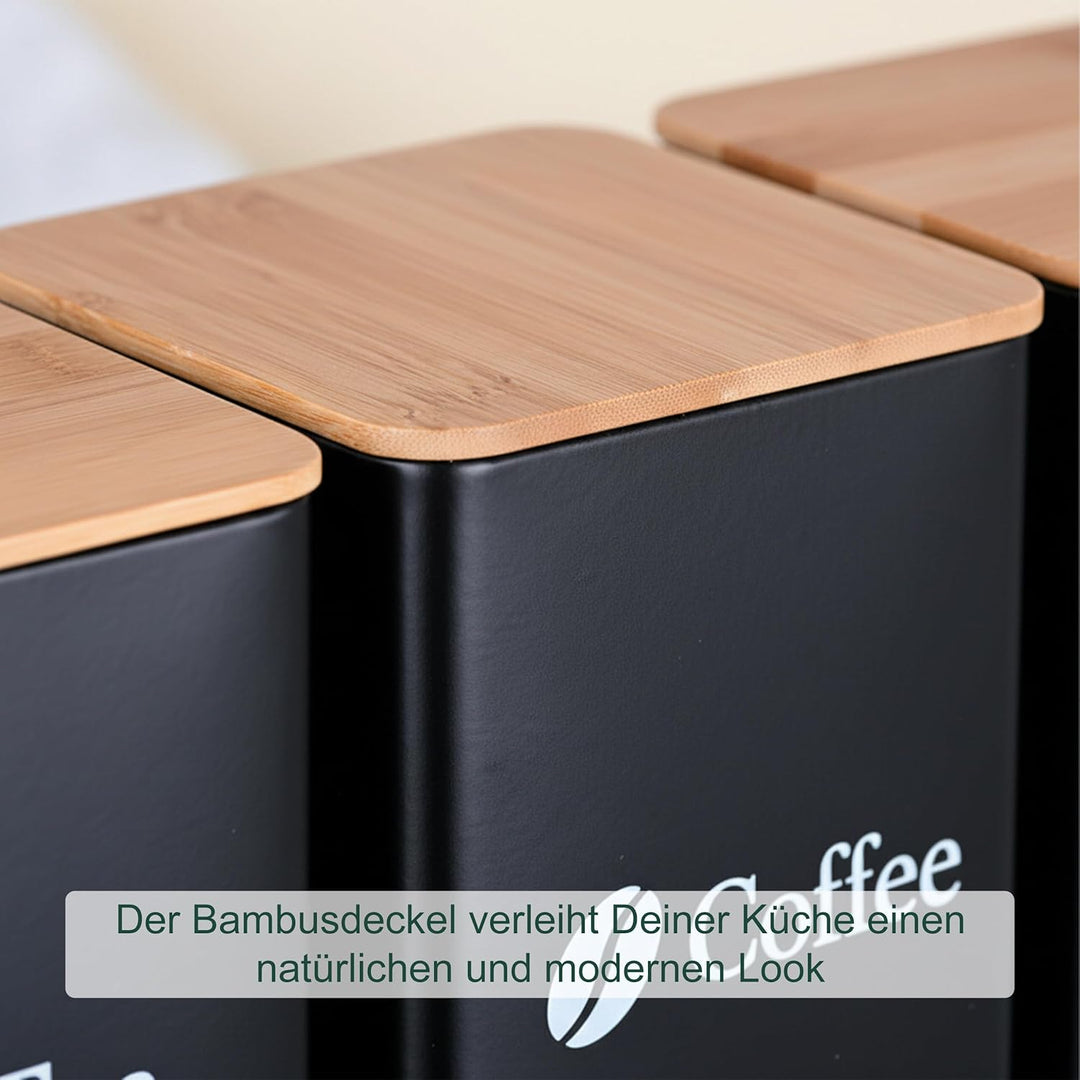 Relaxdays Vorratsdosen, 3er Set, Kaffee, Tee, Zucker, Metall, Bambusdeckel, HBT: 15x11x11 cm, Küchen