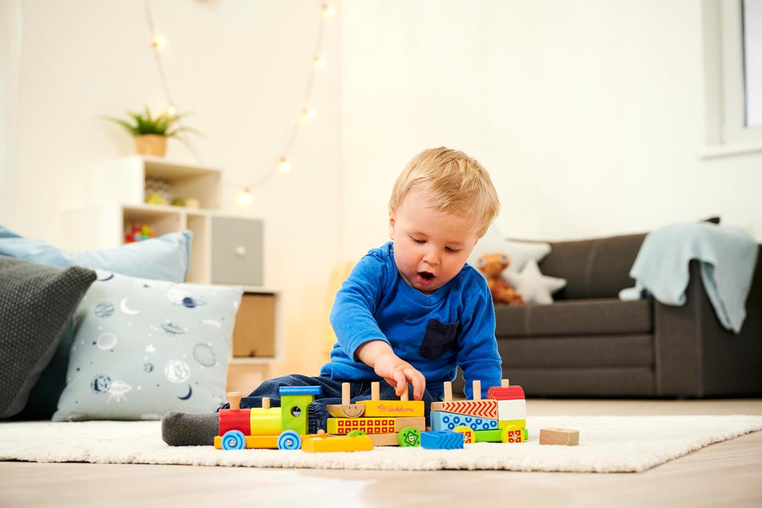 Eichhorn kleiner Zug – 18 bunte Holzbausteine aus Birkenholz für Kinder ab 1 Jahr – klassisches Kons