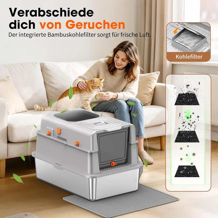 Edelstahl Katzentoilette mit Deckel, XXL extra grosse Katzenklos für grosse Katzen, geschlossene Kat