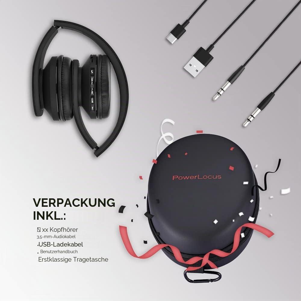 PowerLocus Bluetooth Kopfhörer Over Ear, Kabellose Kopfhörer, HiFi Stereo, Faltbare Kopfhörer mit Mi