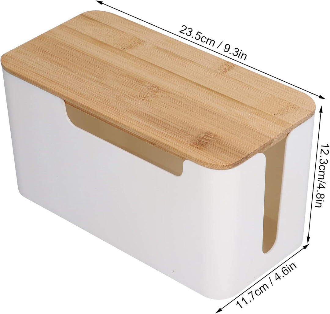 Kabelmanagement Box mit Holz Deckel, 23 x 12 x 11,7cm Weiss Kunststoff Kabelbox Schreibtisch Kabel O