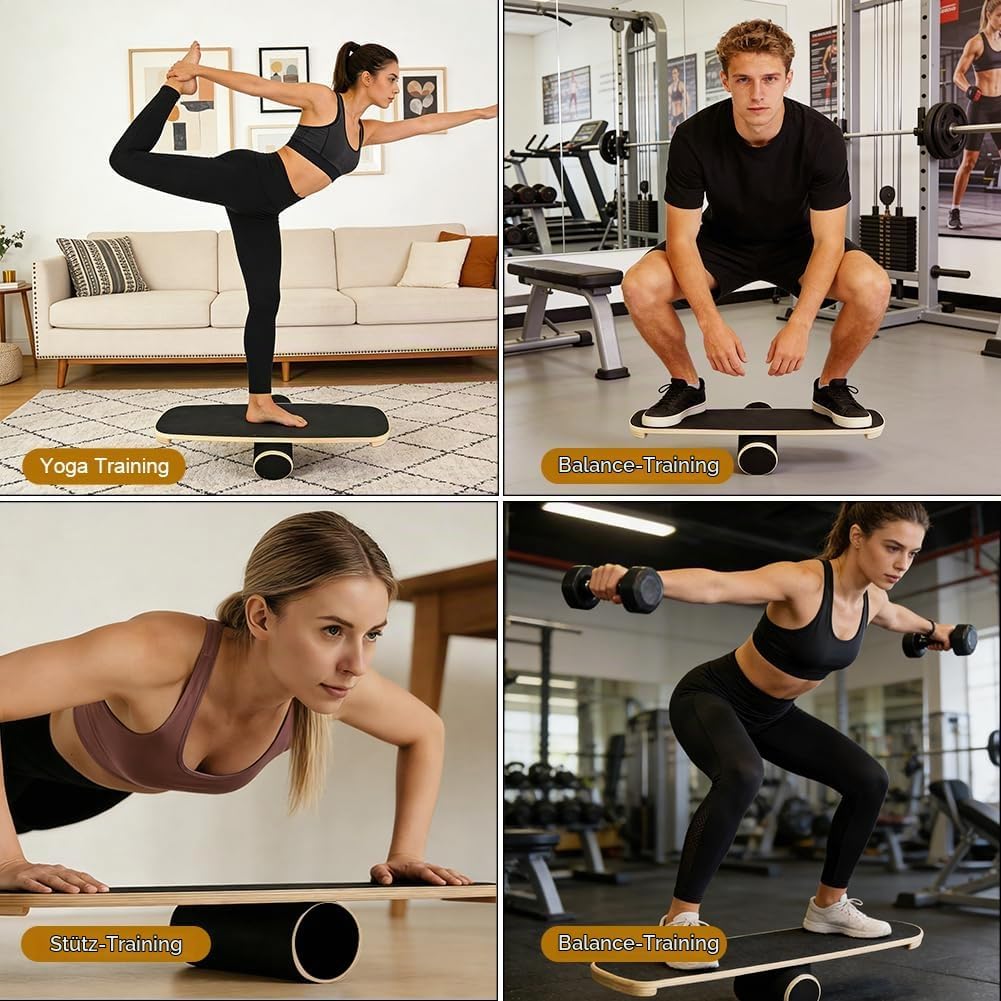 Balance Board, Holz-Gleichgewichtsboard mit verstellbaren Stoppern und Korkrolle – Ideal für Hockey,