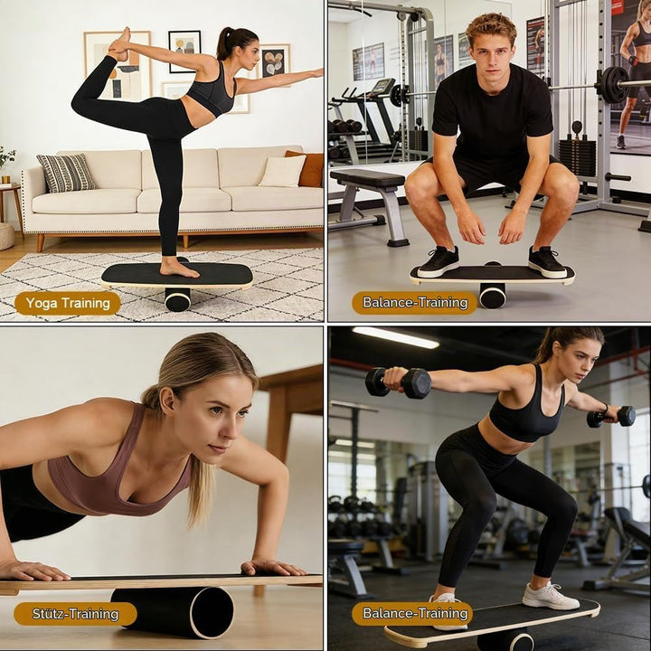 Balance Board, Holz-Gleichgewichtsboard mit verstellbaren Stoppern und Korkrolle – Ideal für Hockey,