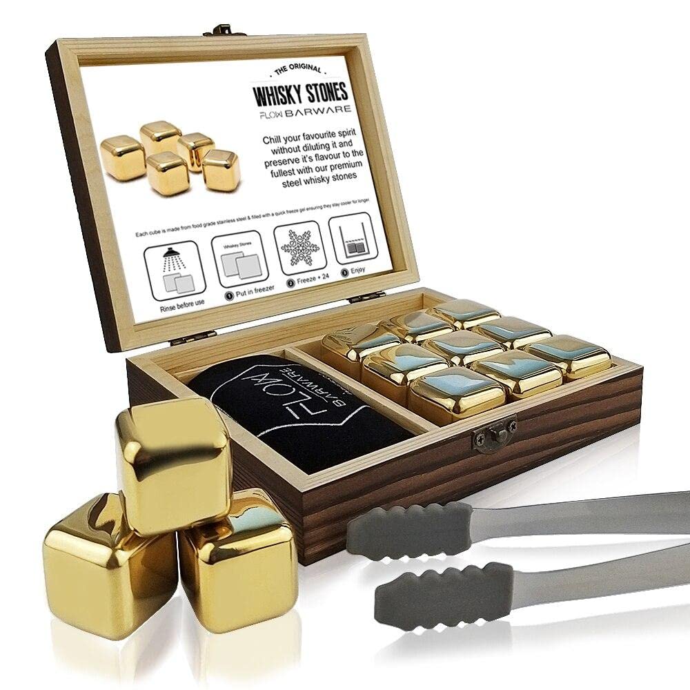 FLOW Barware Gold Whisky-Steine, Geschenk-Set mit Eiszange und Aufbewahrungstasche, Wiederverwendbar