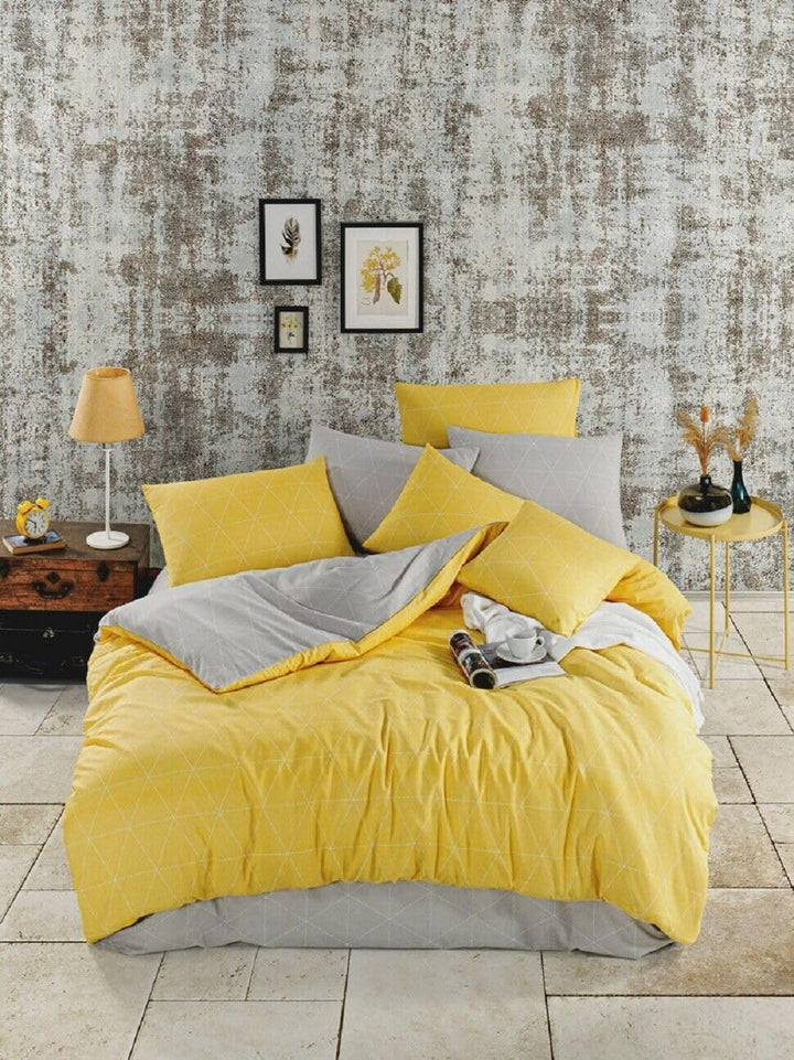 Visaggio Renforce Bettwäsche 240x220 cm Baumwolle Raute Grau Gelb Wendebettwäsche Garnitur Bezug Set