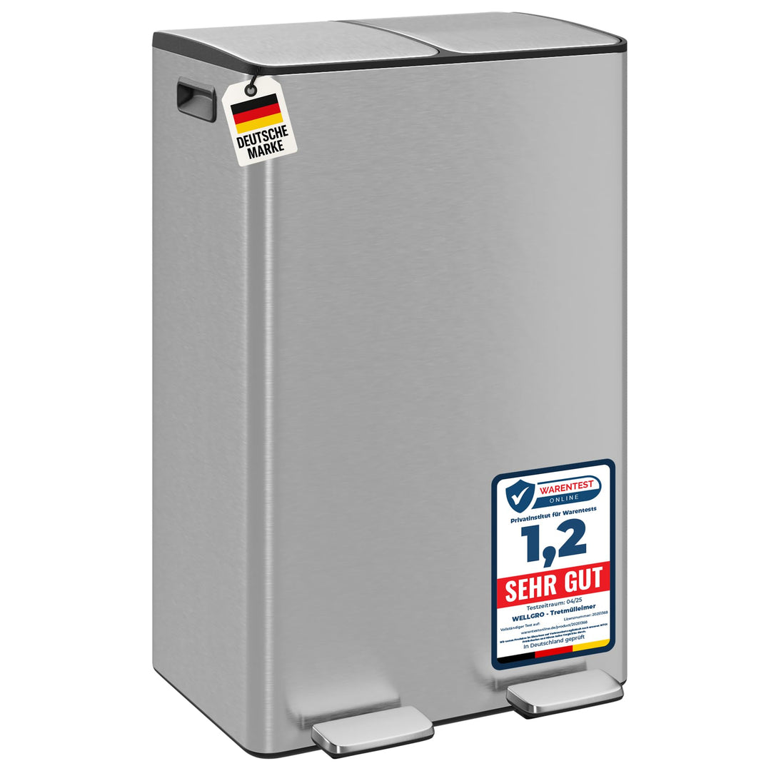 WELLGRO Treteimer, Mülleimer, Edelstahl Tretmülleimer mit 2 x 30 Liter, klappbaren Fusspedalen, Abse