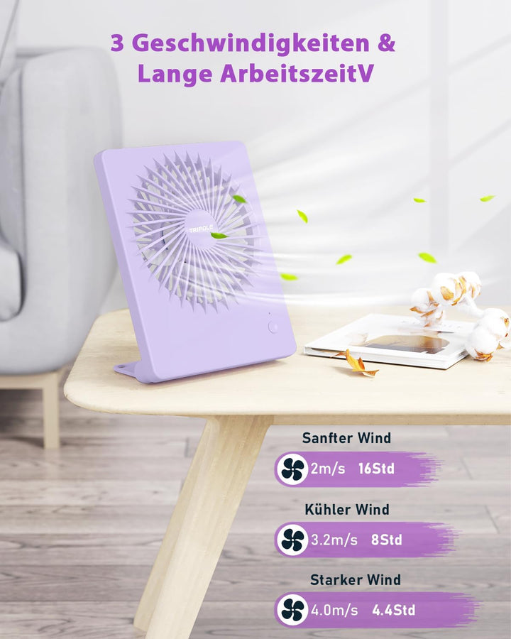 TriPole Tischventilator Leise, 2000mAh Ladefähige USB Ventilatoren Ausführen Bis zu 4-16 Std, 3 Gesc