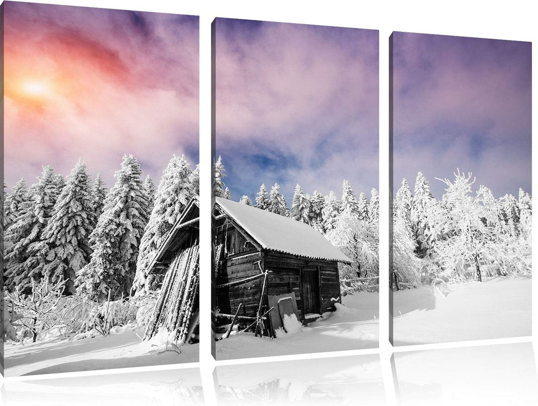 Einsame gemütliche Holzhütte im Schnee schwarz/weiss 3-Teiler Leinwandbild 120x80 Bild auf Leinwand,
