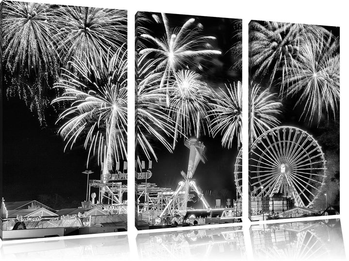 Pixxprint Monocrome, Silvester Riesenrad, Feuerwerk 3-Teiler Leinwandbild 120x80 Bild auf Leinwand
