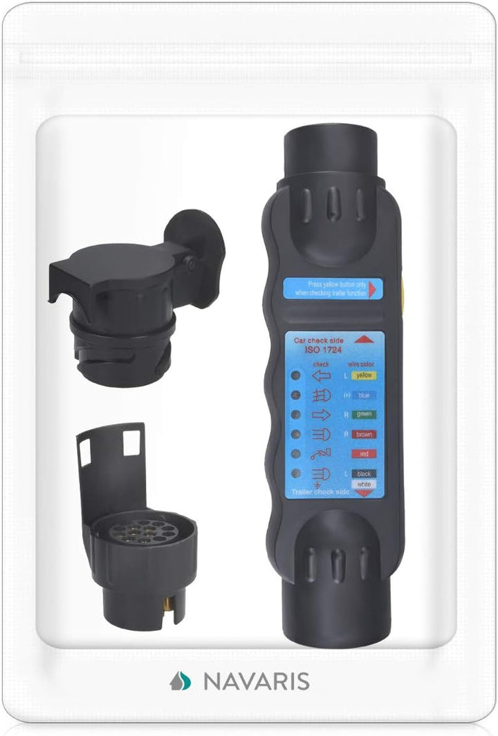 Navaris 7 Pin Anhänger Tester Prüfgerät - mit 13 zu 7 Pol und 7 zu 13 Pol Adapter - Anhängersteckdos
