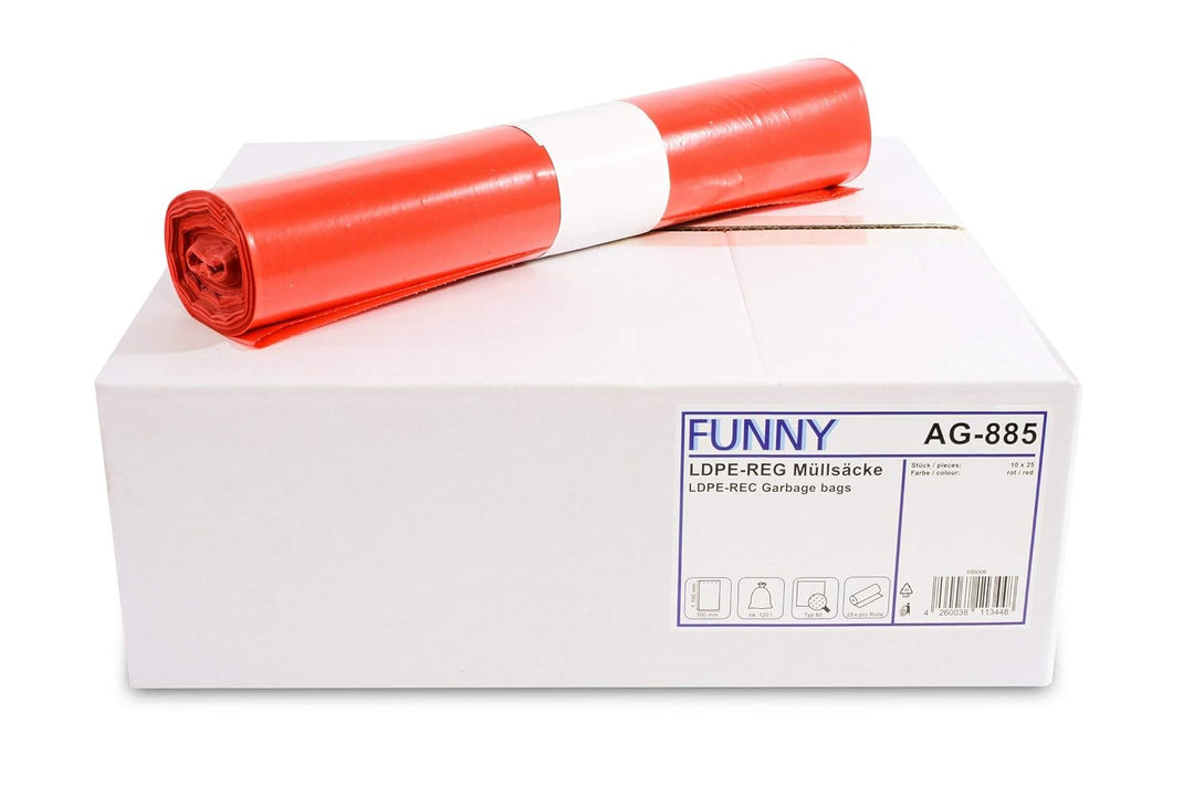 Funny LDPE-Regenerat Müllsäcke, rot, gerollt, 120 l, Typ 60, 1er Pack (1 x 250 Stück) Rot Single, Ro