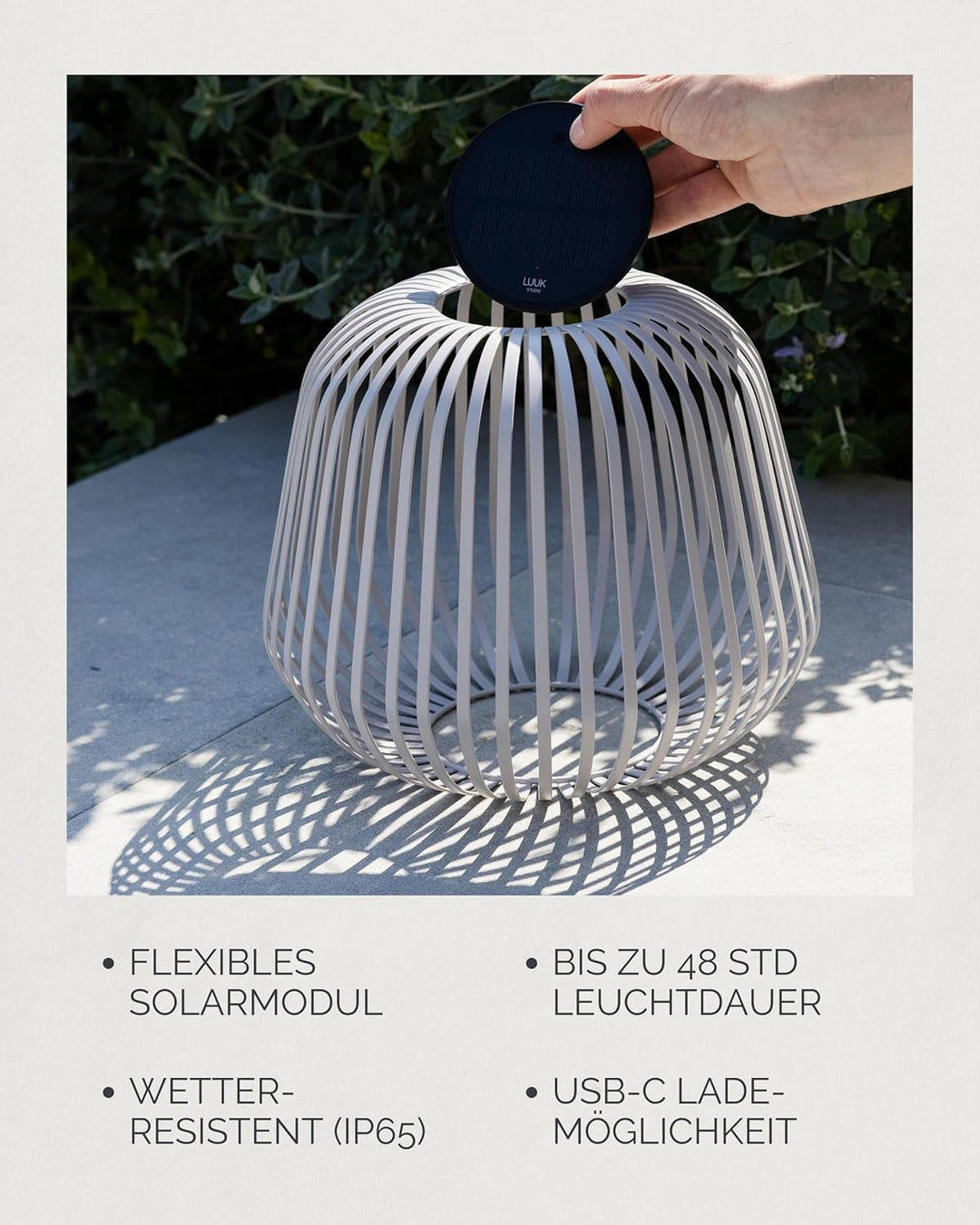 LUUK Studio Schlichte Solarleuchte für drinnen & draussen in minimalistischem Design, IP65 Schutz, w