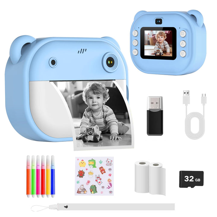 Kinderkamera Sofortbildkamera, Digitalkamera für Kinder mit Druckpapier & 32G TF Karte, mit Farbigen