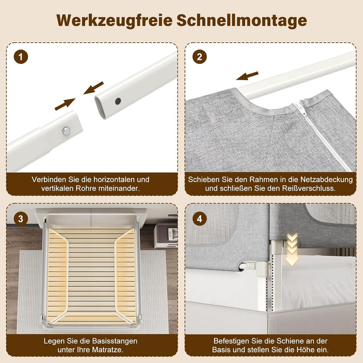 Bettgitter Rausfallschutz 3-seitig 180x200cm mit Spaltfüllstäbe | U-förmige Stabilstangen, Höhenvers