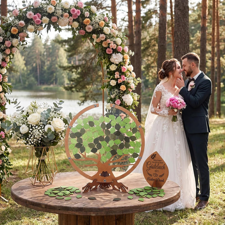 Gästebuch Hochzeit Holz Gästebuch in Baumform mit 60 grünen Blättern zum Unterschreiben für Hochzeit