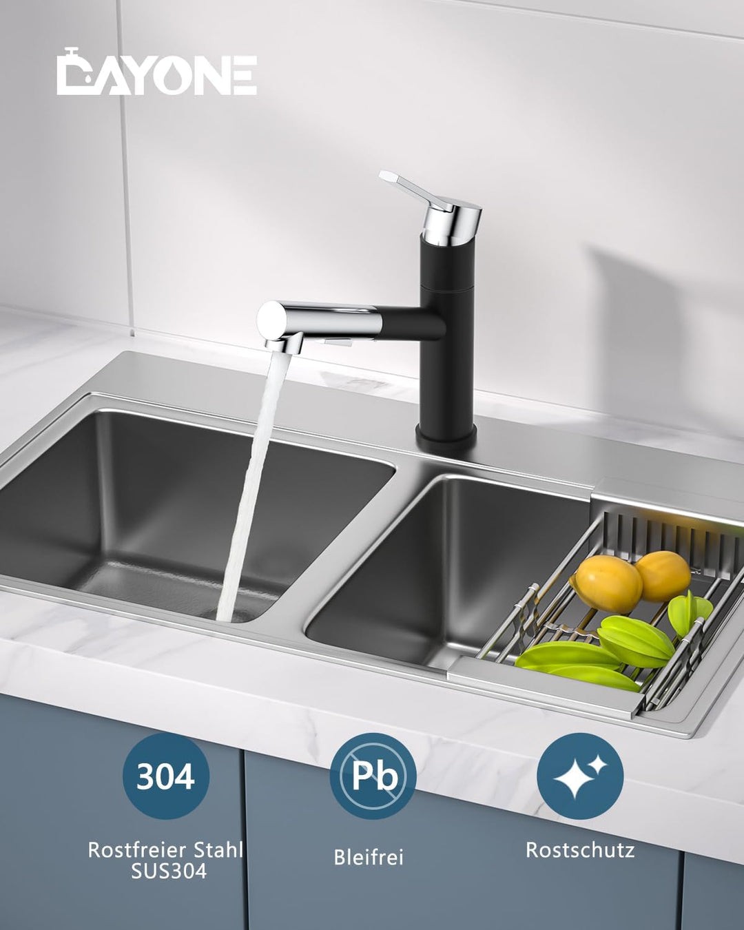 DAYONE Wasserhahn Küche Schwarz und Chrom, Hochdruck Küchenarmatur mit Ausziehbarer Brause, Spültisc