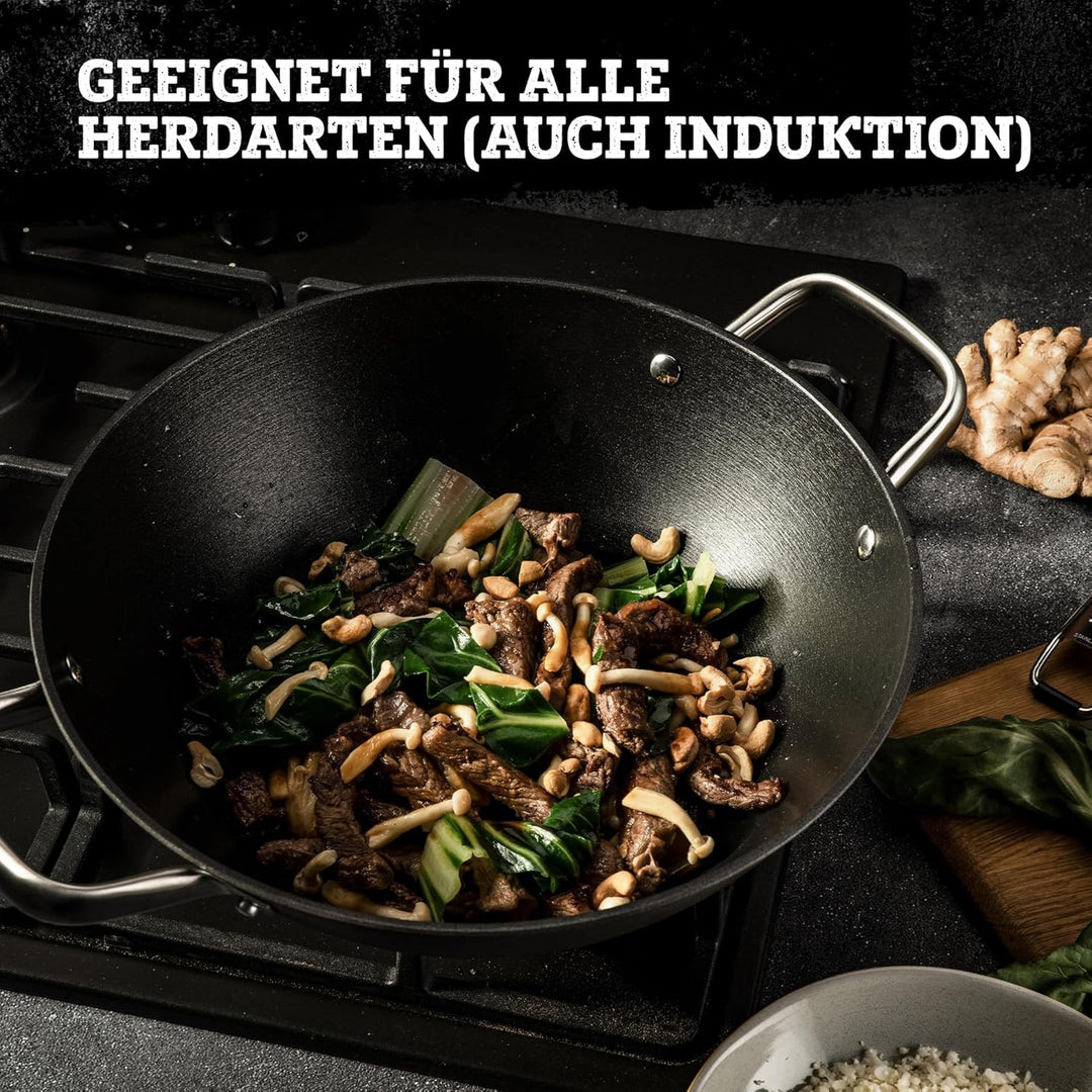 FMProfessional Force Wok aus Gusseisen 32 cm – Wokpfanne mit hochwertiger Antihaftbeschichtung – Gee