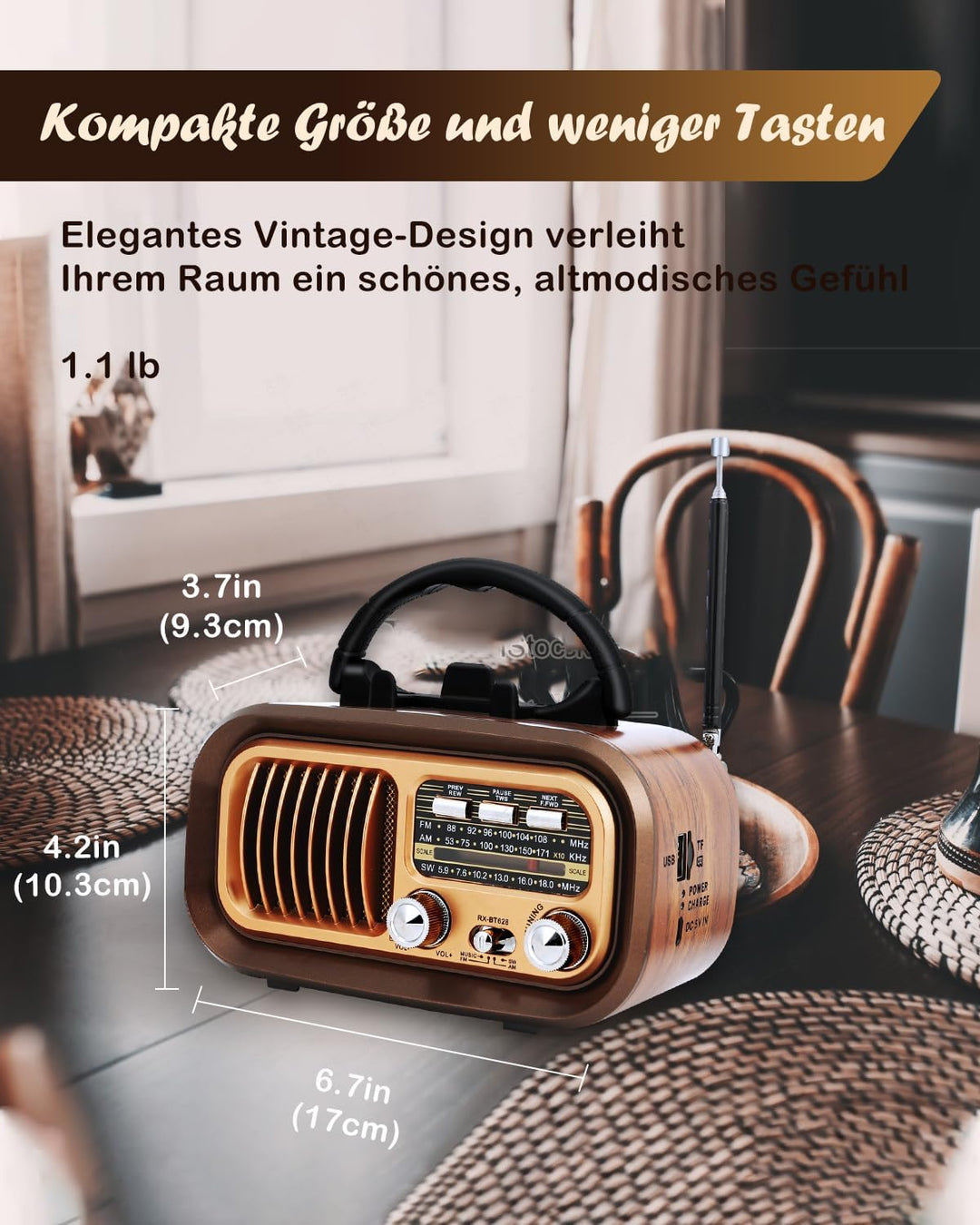 Retro Radio mit Bluetooth, AM/FM/SW Klein Radio Batteriebetrieben, Kofferradio Küchenradio Betrieben