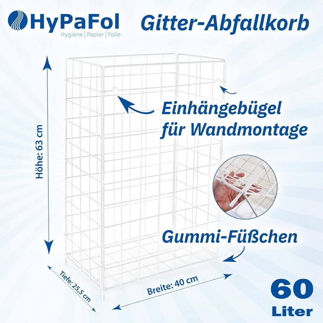 Hypafol Abfallkorb 60 Liter Fassungsvermögen | zum Hängen oder Stellen | Stabil, Weiss, aus Metall |