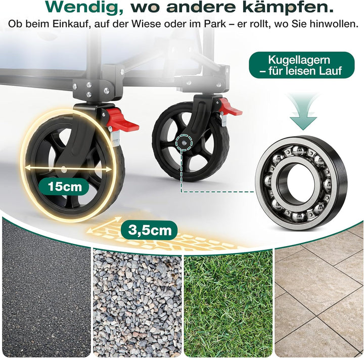 Sekey Bollerwagen Faltbar 135L 150KG Belastbar, Transportwagen klappbar mit Geländereifen mit Bremse