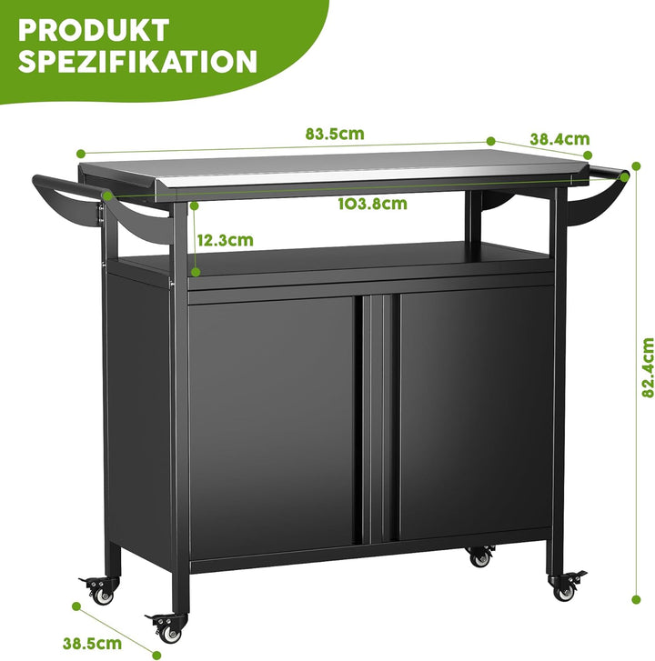 Grillwagen Grilltisch, Pizzatisch mit 4 Rollen,304 Tischplatte aus Edelstahl,Rollwagen zum Grillen,