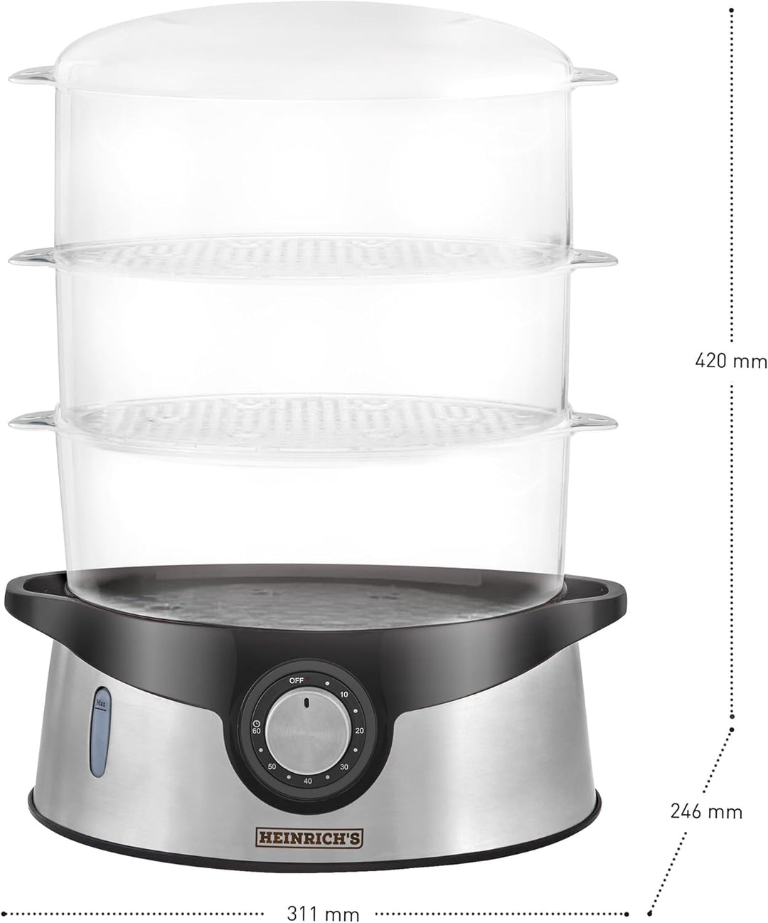 HEINRICHS Dampfgarer,3-Schicht stapelbare Etagen Schalen, BPA-frei, Spülmaschinenfest, 9Liter Fassun