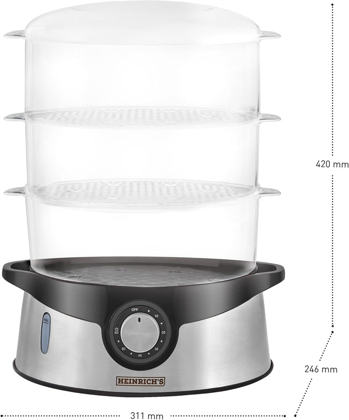 HEINRICHS Dampfgarer,3-Schicht stapelbare Etagen Schalen, BPA-frei, Spülmaschinenfest, 9Liter Fassun