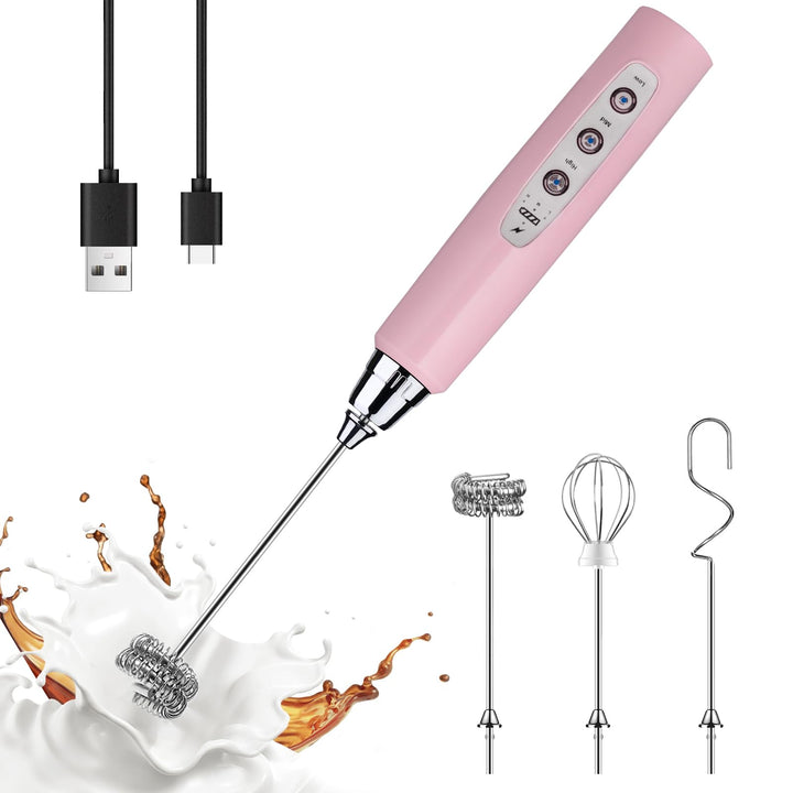 Milchaufschäumer, Handgerät, mit 3 Köpfen, USB wiederaufladbar, 3 Geschwindigkeiten, Mini-Schneebese