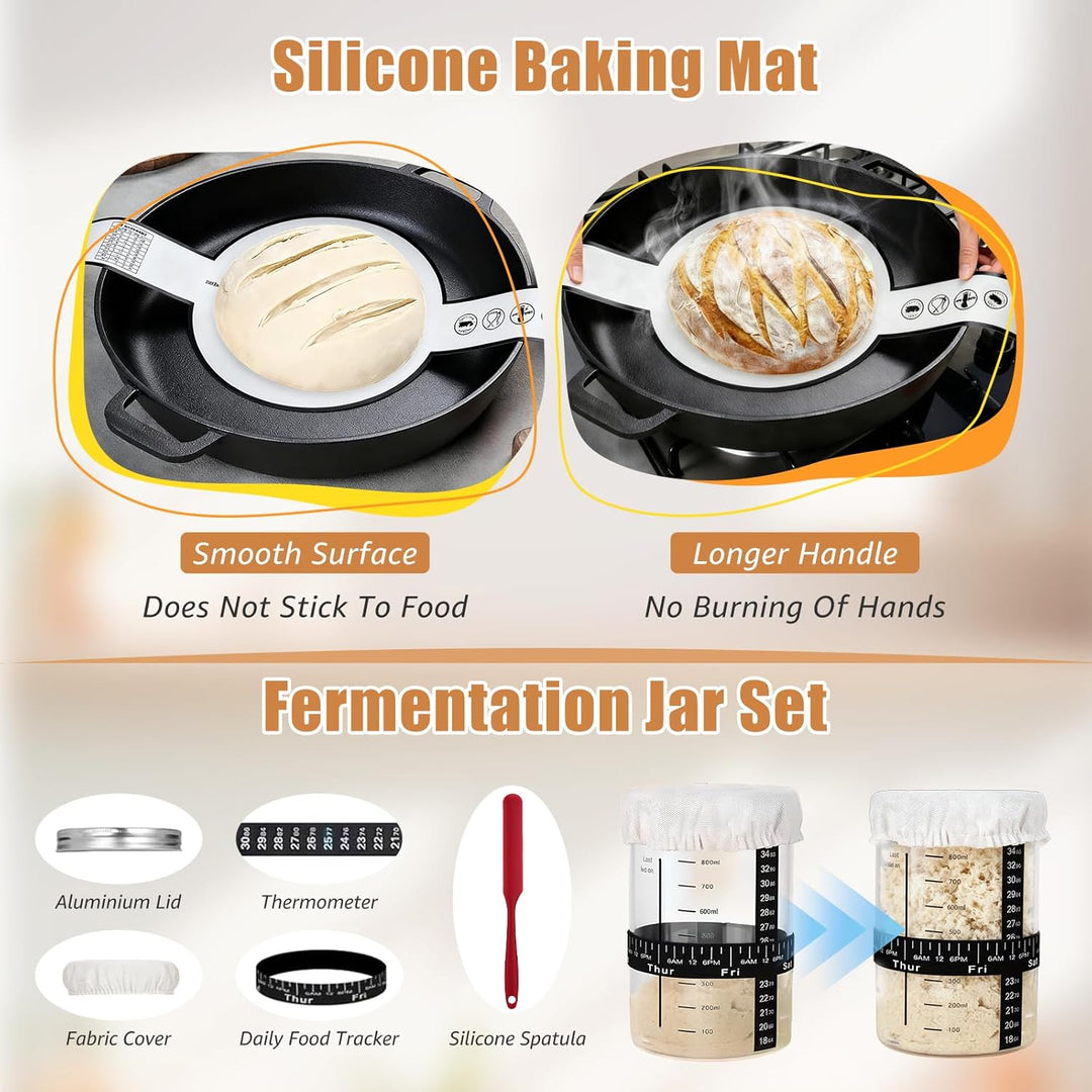 Sauerteig Starter Set 11-Teilig, 2 Gärkörbchen und Brot Backen Zubehör, Rund und Oval Brotkorb Zum B
