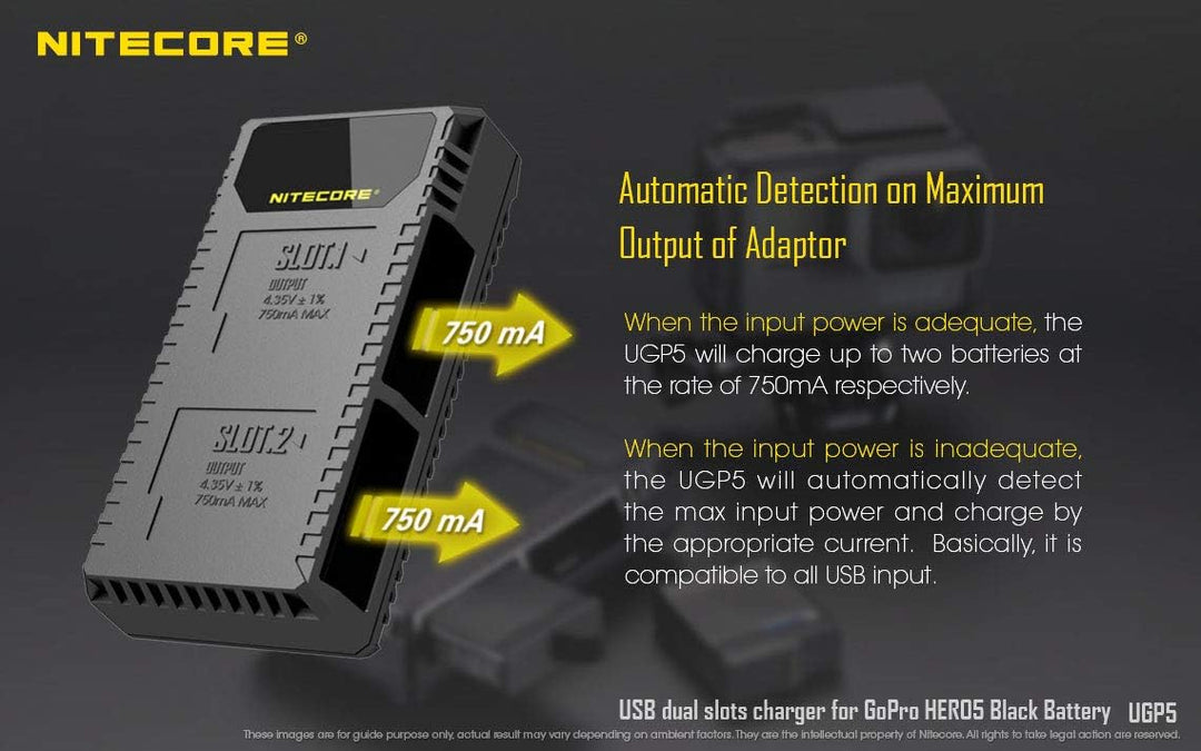 Nitecore UGP5 Dubbele Lader voor GoPro Hero5/Hero6/Hero7 Accu + Indicator + USB
