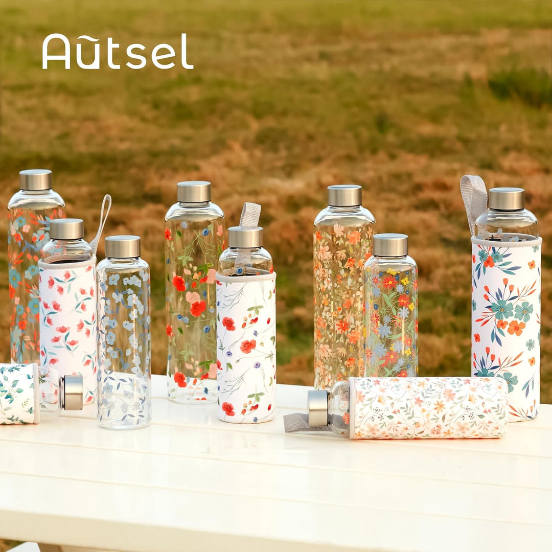Autsel 500ml Glasflasche Trinkflasche Glas Sport Borosilikat Glass Bottle Wasser Flasche mit Neopren
