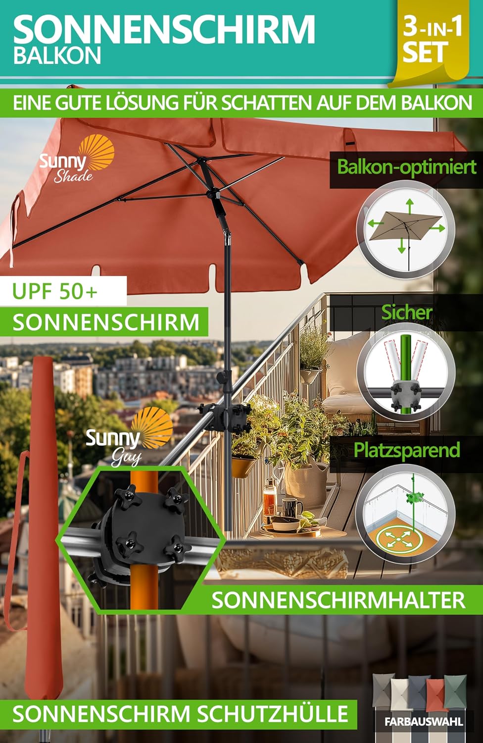 4smile Sonnenschirm Balkon SunnyShade, 200 x 125 cm, Orange - UPF 50+ Sonnenschirm rechteckig als So