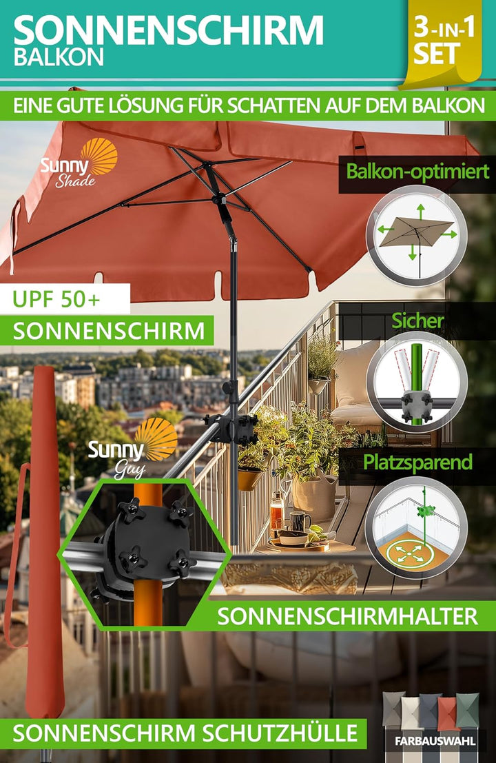 4smile Sonnenschirm Balkon SunnyShade, 200 x 125 cm, Orange - UPF 50+ Sonnenschirm rechteckig als So