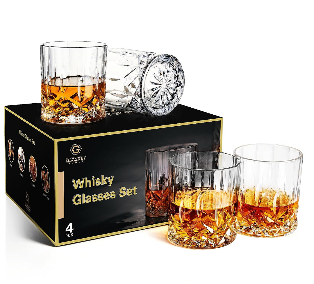 GLASKEY Whisky Gläser 4er Set,320ml Bleifreie Kristallwassergläser,Cocktail Rum Wodka Scotch Gin Cog